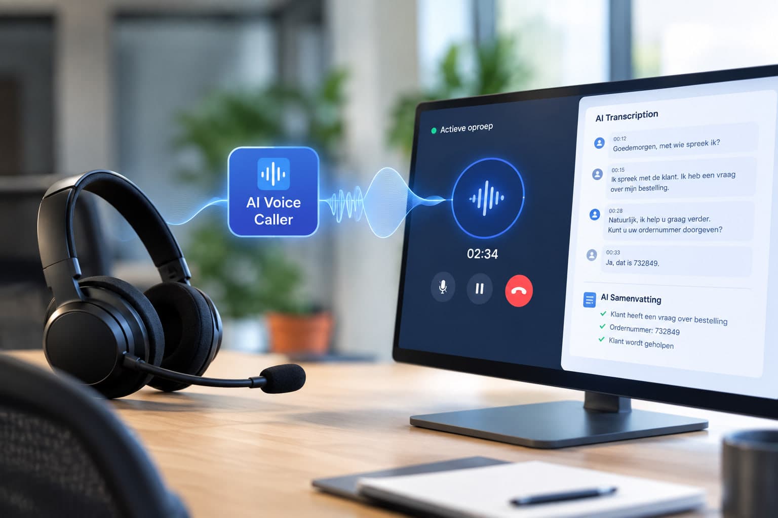 Headset naast een scherm met een lopende AI-oproep en de transcriptie ernaast